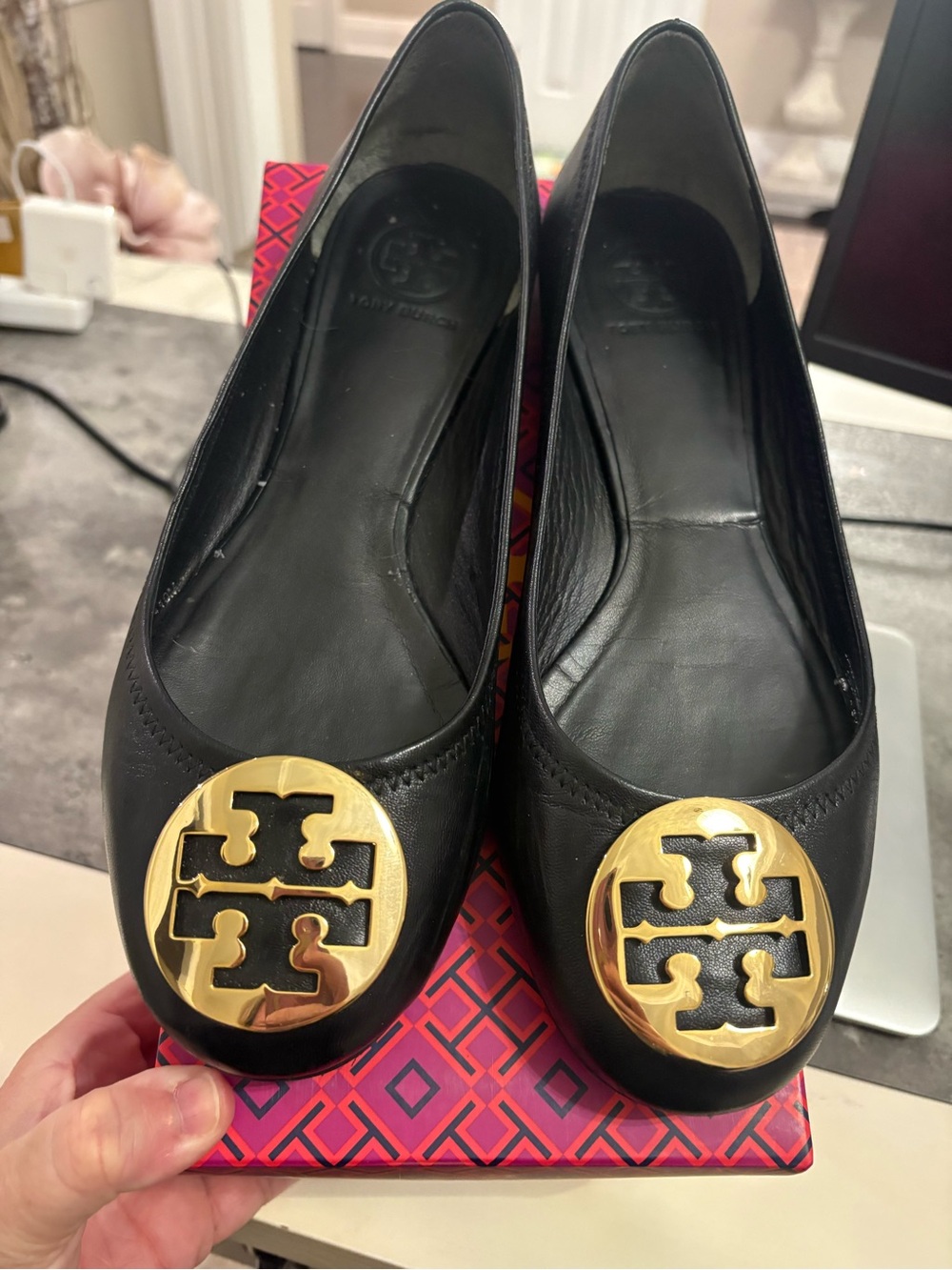 Tory Burch Black Leather Flats with Gold Logo Medallions